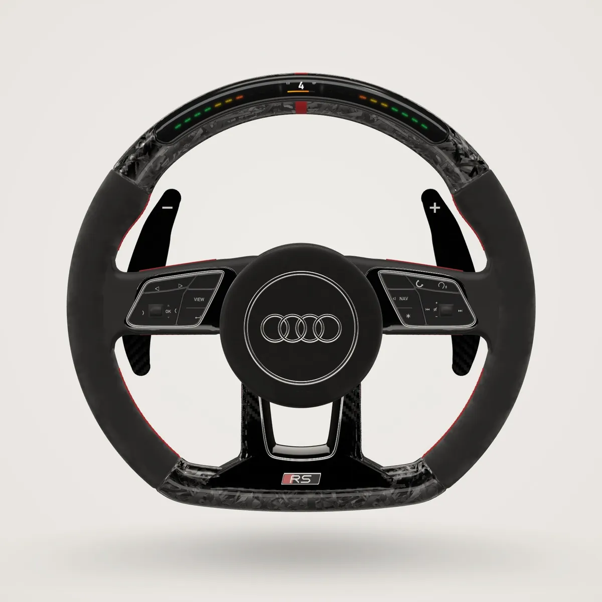 The same wheel by Aero Elite: Black Alcantara, gloss forged carbon, red stitching and marker, magnetic carbon paddles and shift LEDs