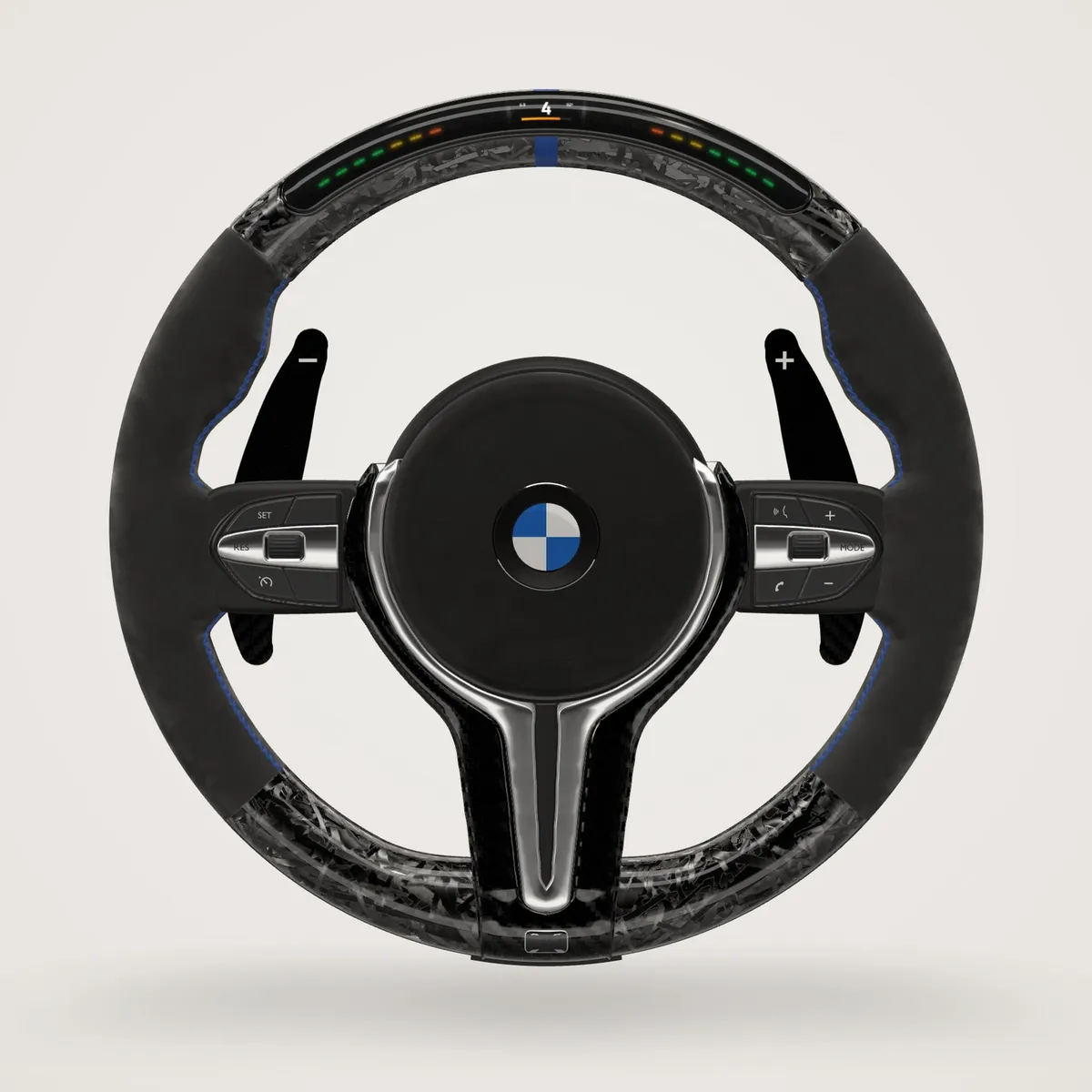The same wheel by Aero Elite: Black Alcantara, gloss forged carbon, blue stitching and marker, magnetic carbon paddles and shift LEDs