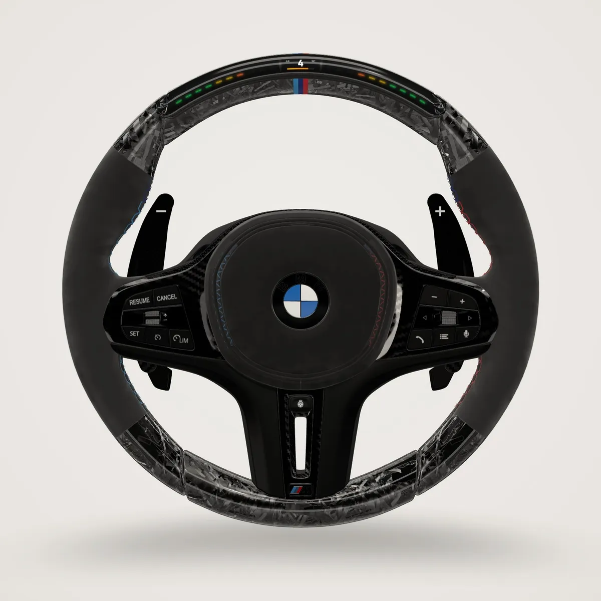 The same wheel by Aero Elite: Black Alcantara, gloss forged carbon, tricolour stitching and marker, magnetic carbon paddles and shift LEDs
