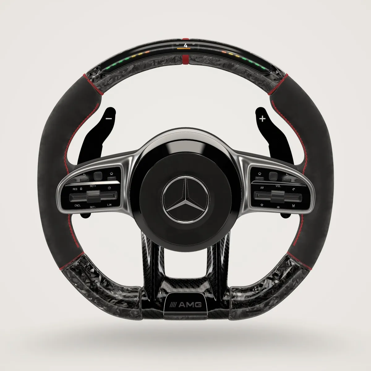 The same wheel by Aero Elite: Black Alcantara, gloss forged carbon, red stitching and marker, magnetic carbon paddles and shift LEDs