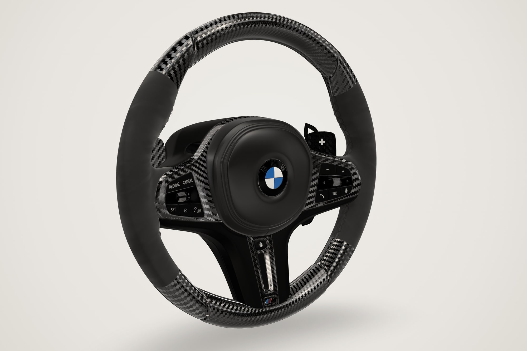 BMW M wheel in black Alcantara with gloss 3K carbon and magnetic carbon paddles