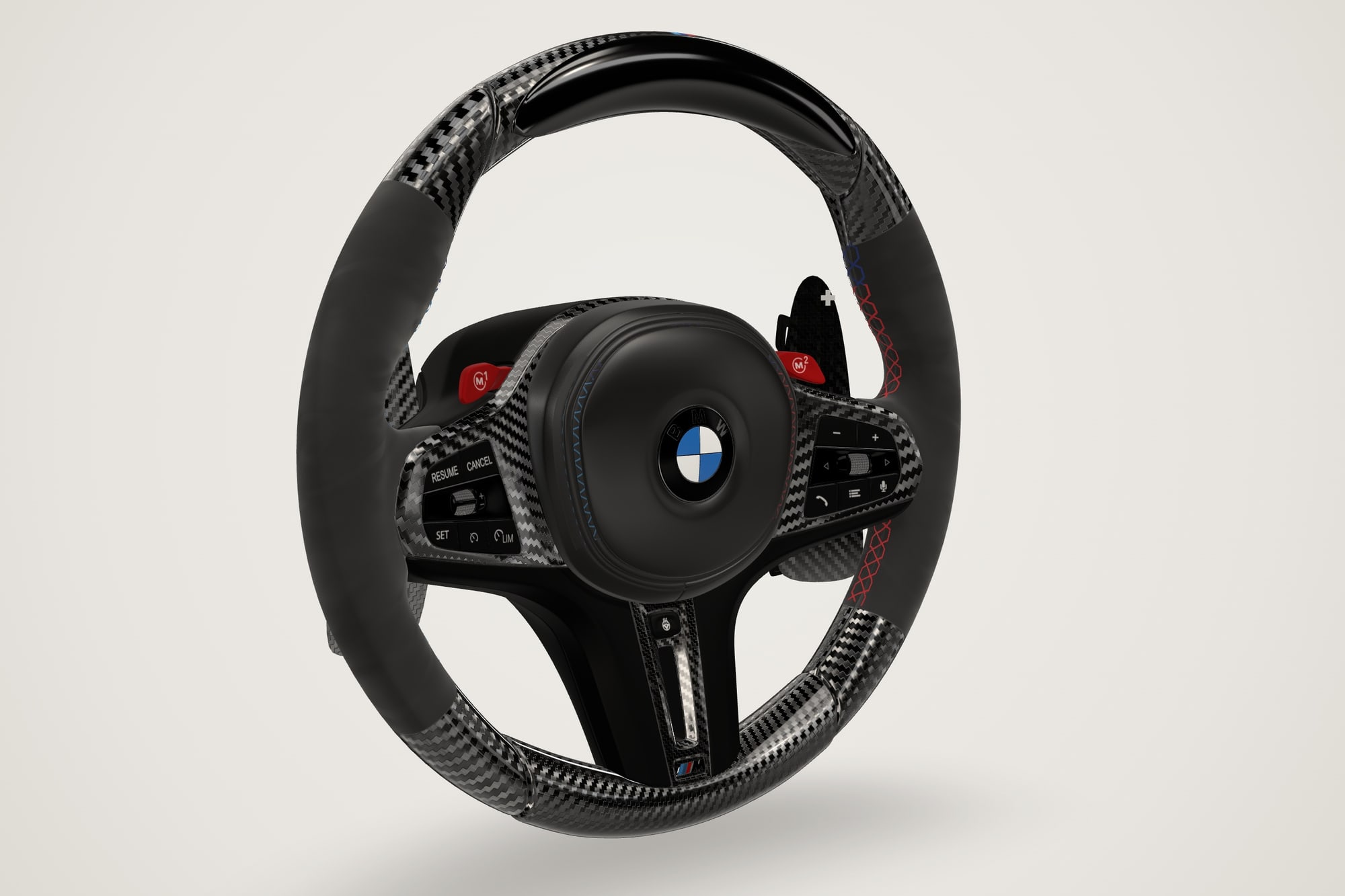 BMW M wheel with tricolour stitching and marker, racing paddles and shift LEDs