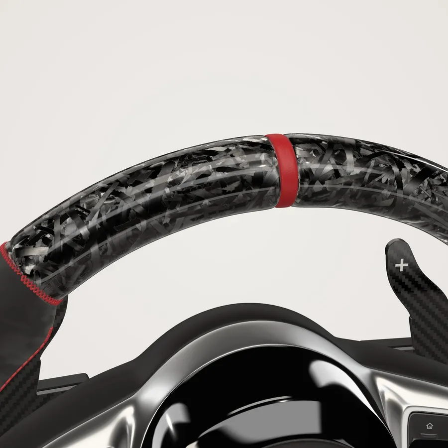 Mercedes-AMG Performance steering wheel, the top of the rim with its stitching, close-up