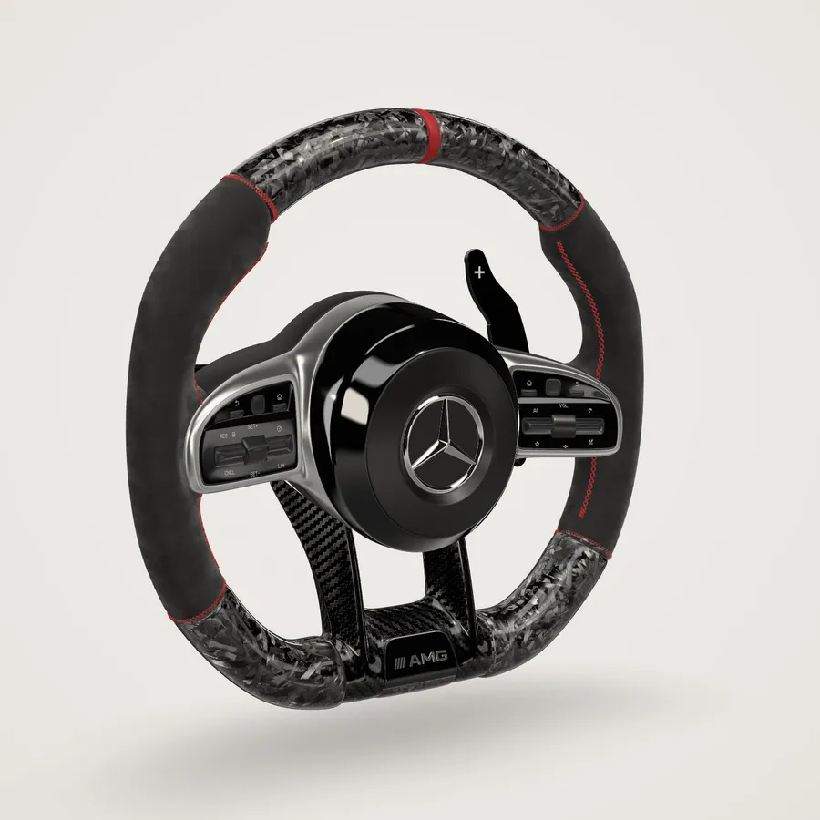 Mercedes-AMG Performance steering wheel in black Alcantara, gloss forged carbon, red stitching and marker, three-quarter view